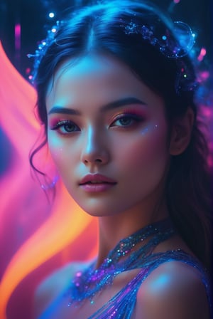 In a cinematic close-up shot, the camera pans across the enigmatic female figure's refined features illuminated by neon hues and sparkling particles, her piercing gaze seeming to draw the viewer into her mystical realm. The soft glow of her radiant skin blends seamlessly with the flowing, diaphanous attire, resembling wispy fog around her sinuous form. The artist's masterful strokes blend vibrant CMYK colors, imbuing the portrait with depth and dimension. As backlit radiance casts an entrancing aura, this dreamlike scene freezes in time, inviting the viewer to enter its surreal domain.