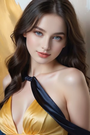 (best quality,4k,8k,highres,masterpiece:1.2),ultra-detailed,(realistic,photorealistic,photo-realistic:1.37),impressionism,nude,model,girl,France,atelier,charming,beautiful detailed eyes,beautiful detailed lips,extremely detailed eyes and woman, beautiful face, perfection face, blue eyes full black hair, pale white skin, little smile, sexy, perfection, Face zoom in, Take the photo close to your face against a completely white background wall, , highest quality, detailed, Canon EOS 80D Photo, Tall face, indoor, ((satin boa)) 1 girl, alone, chest, smile,huge chest, black long hair, cloth, cleavage, , leaning forward,, realistic, ripped off nightgown,random idiot hair,((Bodycon shiny glossy yellow))face,longeyelashes,elegant,painting,canvas,artist,palette,brushstrokes,soft colors,soft lighting,studio,artwork,subtle brushwork,graceful pose,artistic perspective,serene atmosphere,vibrant colors,impressionistic style,textured background,spontaneous strokes,dappled light,play of light and shadow,airy brushstrokes,impressionist techniques,romantic ambiance,vivid expression,dreamy,ethereal,graceful movement,delicate contours,whispered details,subtle gradients,radiant skin tones,impressionistic artistry,endless inspiration