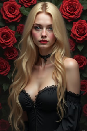 a woman with long blonde hair and roses in the background, a photorealistic painting, trending on cg society, gothic art, pretty, enchanting, goth