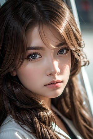 A close-up shot captures the defiant spirit of a stunning female , her long hair tangled amidst the metal grates of her cell door. Her piercing black eyes flash with determination as she gazes directly at the camera, soft focus and warm lighting highlighting her porcelain skin and full lips. , a testament to her unyielding resolve.