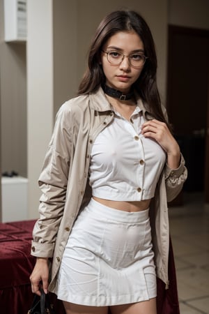 (Malay Woman thin, ), ((A women pretty wearing a stylish large standing collar jacket like vampir, vampir collar, white shirt, and skirt. )) , evil cloak, collar up

BREAK. 

seductive face, soft light, 50mm, f/1.2, NSFW,18+, super realistic figure, seductive pose, BSP,eye-glasses, , realism, sfw, collared_shirt, big collar up