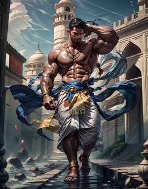 (Masterpiece, intricate details, Best Quality), 8K masterpiece, photograph, shirtless Indian man, extremely handsome, full beard, big nipples, Taj Mahal background, muscular physique, deep golds, rich blacks, (intricate Indian patterns):1.5, (gold sash):1.5, (traditional dhoti):1.5, (traditional sandals):1.5, ornate gold Indian necklaces, regal stance, towering Taj Mahal, clear blue sky, soft natural light, full body, (Indian architectural marvel in the distance):1.3, anatomically correct, realistic skin, photographic, (best quality):1.5, big nipples, hard nipples, 150MP, 80mm, soft natural light, Adobe Lightroom, photograph, six pack, abs, big muscle arms, big muscular pecs, narrow waist, one sided smile, sexy, very broad shoulders, extremely detailed, intricate, anatomically_correct,Sexy Muscular,hydr0mancer