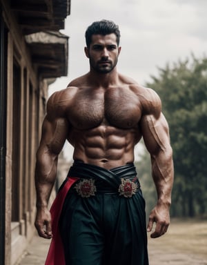 (Masterpiece, intricate details, Best Quality),photograph, 1man, extremely handsome, very muscular, (Prince of Persia):1.4 Arabian:1.4, standing in a foreboding environment filled with (ancient, weathered dark stone ruins):1.5. ((two intricate Arabian swords):1.5 in his hands):1.5, his body angled in readiness and grace. His (shoulder-length dark brown hair frames a determined face), and his muscular bare chest emphasizes his physical strength. He wears (dark brown soft leather pants):1.3, and a ((red sash around his waist):1.5, with (long tattered ends blowing in the wind):1.5):1.8. (Faded black/brown worn leather boots):1.3 and (brown leather bracers with metal insets):1.4 complete his attire. His stance exudes strength, agility, and anticipation, and the wind adds motion to the scene. The background is filled with shadowy corridors with eerie torchlight, all bathed in a surreal and otherworldly glow. Shirtless:1.5, big nipples, hard nipples, (hairy chest):1.3, (short beard):1.3, 150MP, 80mm, soft natural light, Adobe Lightroom, photograph, six pack, abs, big muscle arms, big muscular pecs, narrow waist, perfect teeth, sexy, (very broad shoulders):1.3, Sexy Muscular, extremely detailed, intricate, anatomically_correct,Sexy Muscular,Dark king,Green mist,Green Crown,Lost souls,Sword