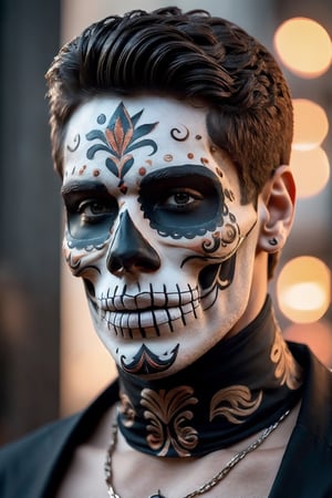 (Best quality, 8k, 32k, Masterpiece, UHD:1.2),  1guy, a close up of a latin man with skull face paint, dia de los muertos, mexican folklore, portrait of a sugar skull, mariachi black sombrero, ((dia de los muertos),orange black white, dia de los muertos hombre make up, ornamental stones in face, shirtless, muscular, ((((head and torso)))), detailed face and body, masculine face, masculine features, rugged textured face, detailed perfect face, face retouched, realistic portrait photo, high quality portrait, and attractive features, eyes, eyelid,  focus, depth of field, film grain, ray tracing, detailed fabric rendering, detailed natural real skin texture, visible skin pores, anatomically correct, Catrin