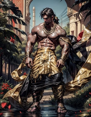 (Masterpiece, intricate details, Best Quality), 8K masterpiece, photograph, shirtless Indian man, extremely handsome, full beard, big nipples, Taj Mahal background, muscular physique, deep golds, rich blacks, (intricate Indian patterns):1.5, (gold sash):1.5, (traditional dhoti):1.5, (traditional sandals):1.5, ornate gold Indian necklaces, regal stance, towering Taj Mahal, clear blue sky, soft natural light, full body, (Indian architectural marvel in the distance):1.3, anatomically correct, realistic skin, photographic, (best quality):1.5, big nipples, hard nipples, 150MP, 80mm, soft natural light, Adobe Lightroom, photograph, six pack, abs, big muscle arms, big muscular pecs, narrow waist, one sided smile, sexy, very broad shoulders, extremely detailed, intricate, anatomically_correct,Sexy Muscular,hydr0mancer,Clothmancer