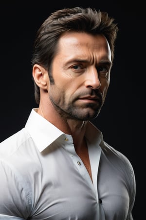 A digital photograph of Hugh Jackman, rendered in ultra realistic, highly detailed style, captures him in a half-length format from the head down to the waist. This portrait emphasizes Jackman's muscular build, with an anatomically correct portrayal that adheres to the golden ratio, highlighting well-defined muscle groups including broad shoulders, pronounced pecs, and robust arms. He is dressed in a skin-tight white dress shirt that contours every aspect of his muscular physique, with the top two buttons undone to add a touch of casual elegance and allure. His expression is pensive, inviting viewers into a moment of quiet contemplation alongside him. The background is a very dark, simple, textured studio backdrop, ensuring that Jackman's detailed portrayal and thoughtful demeanor remain the focal point of the image.

Anatomically correct, perfect hands, perfect fingers, perfect feet, perfect toes, natural realistic skin texture, realistic nipplesA digital photograph of Hugh Jackman, rendered in ultra realistic, highly detailed style, captures him in a half-length format from the head down to the waist. This portrait emphasizes Jackman's muscular build, with an anatomically correct portrayal that adheres to the golden ratio, highlighting well-defined muscle groups including broad shoulders, pronounced pecs, and robust arms. He is dressed in a skin-tight white dress shirt that contours every aspect of his muscular physique, with the top two buttons undone to add a touch of casual elegance and allure. His expression is pensive, inviting viewers into a moment of quiet contemplation alongside him. The background is a very dark, simple, textured studio backdrop, ensuring that Jackman's detailed portrayal and thoughtful demeanor remain the focal point of the image.

Anatomically correct, perfect hands, perfect fingers, perfect feet, perfect toes, natural realistic skin texture, realistic nipples