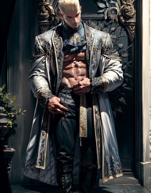 (Masterpiece, intricate details, Best Quality),photograph, 1man, extremely handsome, Shirtless:1.5, (Rococo suit jacket and pants, pale blue, satin, lace, brocade, intricate):1.5, wearing a (lace cravat):1.5, (unbuttoned jacket wide open), (hairy chest):1.3, big nipples, hard nipples, 150MP, 80mm, soft natural light, Adobe Lightroom, photograph, six pack, abs, big muscle arms, big muscular pecs, narrow waist, one sided smile, sexy, very broad shoulders, Rococo period, Manicured rose garden formal garden background, Sexy Muscular, extremely detailed, intricate, pastel shades, anatomically_correct,Sexy Muscular,Game of Thrones,Germany Male, photographic, 8K, full body, (Shirtless under jacket)1.5, by Jean-Honoré Fragonard, by annie leibovitz, sharp focus, Rococo period, sharp focus, outfit, photography,outfit