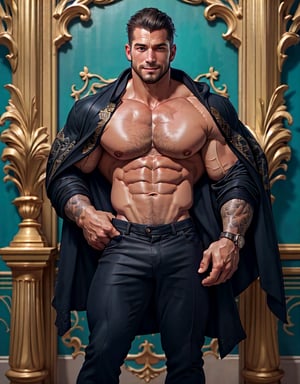 (Masterpiece, intricate details, Best Quality),photograph, 1man, extremely handsome, very muscular, Shirtless1.5, ((Rococo suit jacket):(pastel blue, satin, lace, brocade, intricate))1.5, pants, (wearing a lace cravat)1.5, (unbuttoned jacket wide open), big nipples, hard nipples, hairy chest, short beard, 150MP, 80mm, soft natural light, Adobe Lightroom, photograph, six pack, abs, big muscle arms, big muscular pecs, narrow waist, one sided smile, Mike Thurston, Michael Vazquez, James Ellis, perfect teeth, sexy, (very broad shoulders)1.3, Rococo period, Turquoise wall with Rococo ornament and pillars background, Sexy Muscular, extremely detailed, intricate, pastel shades, anatomically_correct,Sexy Muscular,Game of Thrones,Germany Male, photographic, 32K, full body, (Shirtless under jacket)1.5, by annie leibovitz, sharp focus, Rococo period, sharp focus,Movie Still,male