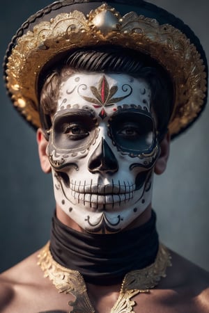 (Best quality, 8k, 32k, Masterpiece, UHD:1.2),  1guy, a man with skull face paint, dia de los muertos, mexican folklore, portrait of a sugar skull, mariachi black sombrero, ((dia de los muertos),gold black white, dia de los muertos hombre make up, ornamental stones in face, ((((shirtless)))), muscular, ((((head and torso)))), detailed face and body, cowboy shot, masculine face, masculine features, rugged textured face, detailed perfect face, high quality portrait, extremely handsome, eyes, eyelid, focus, detailed skin rendering, detailed natural real skin texture, visible skin pores, anatomically correct, Catrin,Sexy Muscular