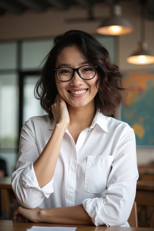 school Setting: Inside a cozy, modern classroom in Singapore 

Appearance: beautiful sexy young indonesian girl teacher, wearing casual teacher's button-up white shirt, rolled-up sleeves 

Features: wavy (short:0.5) hair, wearing black thick square glasses, warm smile, rugged, portrait, approachable charm 

Mood: Friendly, laid-back, effortless style