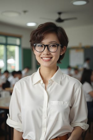 School Setting: Inside a cozy, modern Singapore classroom

Appearance: beautiful sexy young indonesian girl, she is a teacher, wearing a casual white button-up shirt, rolled-up sleeves 

Features: wavy medium short hair, wearing black thick square glasses, warm smile, rugged, portrait, approachable charm 

Mood: Friendly, laid-back, effortless style