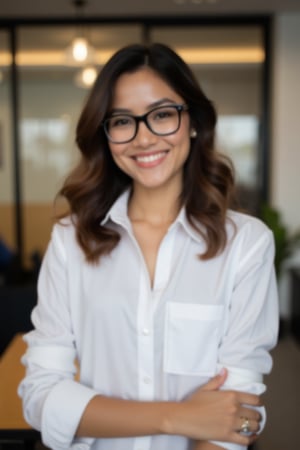 school Setting: Inside a cozy, modern classroom in Singapore 

Appearance: beautiful sexy young indonesian girl teacher, wearing casual teacher's button-up white shirt, rolled-up sleeves 

Features: wavy medium hair, wearing black thick square glasses, warm smile, rugged, portrait, approachable charm 

Mood: Friendly, laid-back, effortless style