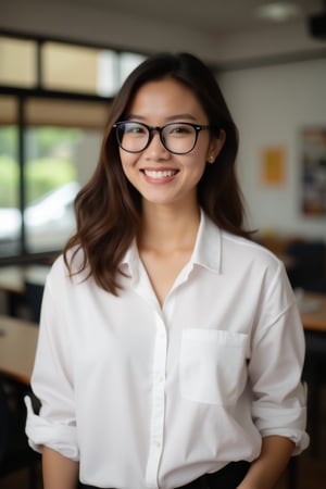 school Setting: Inside a cozy, modern classroom in Singapore 

Appearance: beautiful sexy young indonesian girl teacher, wearing casual teacher's button-up white shirt, rolled-up sleeves 

Features: wavy medium hair, wearing black thick square glasses, warm smile, rugged, portrait, approachable charm 

Mood: Friendly, laid-back, effortless style