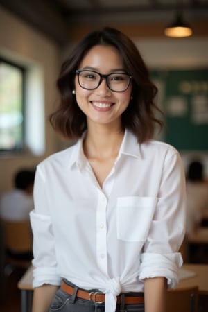 school Setting: Inside a cozy, modern classroom in Singapore 

Appearance: beautiful sexy young indonesian girl teacher, wearing casual teacher's button-up white shirt, rolled-up sleeves 

Features: wavy medium short hair, wearing black thick square glasses, warm smile, rugged, portrait, approachable charm 

Mood: Friendly, laid-back, effortless style