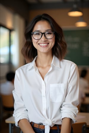 school Setting: Inside a cozy, modern classroom in Singapore 

Appearance: beautiful sexy young indonesian girl teacher, wearing casual teacher's button-up white shirt, rolled-up sleeves 

Features: wavy medium short hair, wearing black thick square glasses, warm smile, rugged, portrait, approachable charm 

Mood: Friendly, laid-back, effortless style