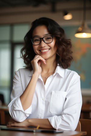 school Setting: Inside a cozy, modern classroom in Singapore 

Appearance: beautiful sexy young indonesian girl teacher, wearing casual teacher's button-up white shirt, rolled-up sleeves 

Features: wavy medium hair, wearing black thick square glasses, warm smile, rugged, portrait, approachable charm 

Mood: Friendly, laid-back, effortless style