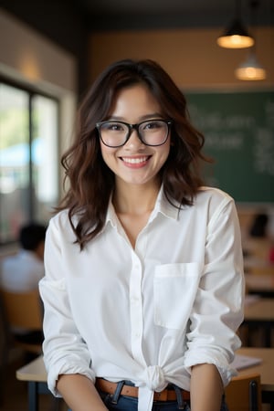 school Setting: Inside a cozy, modern classroom in Singapore 

Appearance: beautiful sexy young indonesian girl teacher, wearing casual teacher's button-up white shirt, rolled-up sleeves 

Features: wavy (short:0.5) hair, wearing black thick square glasses, warm smile, rugged, portrait, approachable charm 

Mood: Friendly, laid-back, effortless style