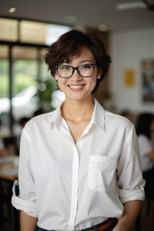 school Setting: Inside a cozy, modern classroom in Singapore 

Appearance: beautiful sexy young indonesian girl teacher, wearing casual teacher's button-up white shirt, rolled-up sleeves 

Features: wavy medium short hair, wearing black thick square glasses, warm smile, rugged, portrait, approachable charm 

Mood: Friendly, laid-back, effortless style