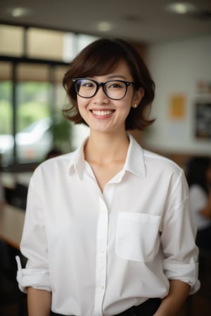 school Setting: Inside a cozy, modern classroom in Singapore 

Appearance: beautiful sexy young indonesian girl teacher, wearing casual teacher's button-up white shirt, rolled-up sleeves 

Features: wavy medium short hair, wearing black thick square glasses, warm smile, rugged, portrait, approachable charm 

Mood: Friendly, laid-back, effortless style