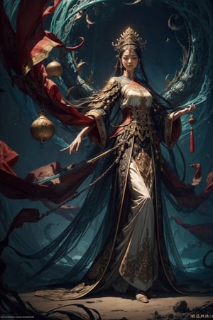 Full body shot of a character standing in majestic pose, realistic representation of a fantasy chinese empress, with the most sumptuous wedding hanfu dress made of white silk and richly embroidered with gold and silver threads, intricately carved golden badges and tassels. Underwater background, magic circles. Art by Yoshitaka Amano, Huang Guangjian, Zhong Fenghua, stunning interpretive visual, gothic regal, colorful, realistic eyes, dreamy magical atmosphere, (film grain), (warm hue, warm tone), cinematic light, side lightings,zhongfenghua,gu,weapon