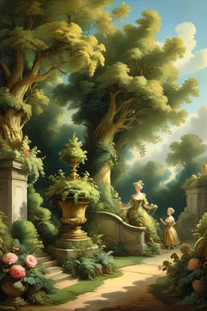 A mystical greenery garden, masterful whimsical topiary sculptures, baroque style vases, multiple fantastic spirals of branches and leaves, dreamy atmosphere, golden vibes, romantic landscape. Masterpiece, rococo style, painted by Jean-Honoré Fragonard