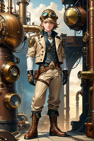 Industrial mechanic boy, with a steampunk beige leather double-breasted jacket, leather helmet and goggles, beige tweed fabric puffed trousers, leather laced boots, intricately detailed brass accessories. Masterpiece, illustration, extremely detailed, industrial background