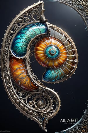 A 3D style artwork that shows (an amazing glass sea nautilus shell), (glass art:1.3), (trendwhore style:1.6), with (the text "AI-ART":1.2) big in the corner. Gradient background, sharp details. Dark filigree on background. Highest quality, detailed and intricate, original artwork, trendy, futuristic, award-winning. Bright colors, close shot, artint, make_3d,art_booster,crystalz,spstation