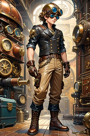 Very skilled industrial mechanic boy, with a steampunk leather double-breasted jacket, leather helmet and goggles, beige tweed puffed trousers, leather laced boots, intricately detailed brass accessories. Masterpiece, illustration, extremely detailed, industrial deep background, sharp focus