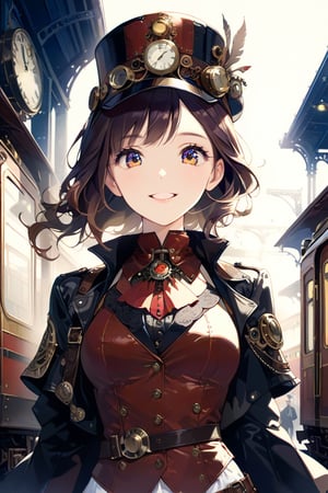 Very beautiful girl with a steampunk leather jacket, red waistcoat and hat, intricately detailed brass accessories. Masterpiece, illustration, extremely detailed, beautiful detailed eyes, beautiful detailed mouth, warmly smile, bright colors, dark light, railway station on background 