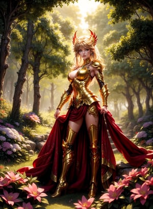 A saint seiya armored girl by Luis Royo, intricately ornated golden armor over a red dress, small breast, shiny gold, richly jeweled, greenery forest background, bright colored flowers