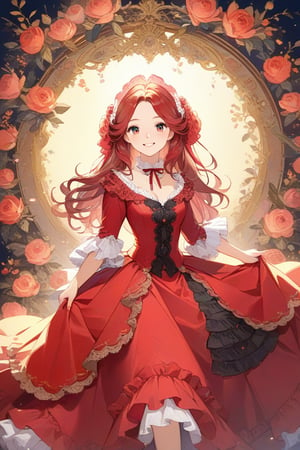 Very beautiful girl with a red dress, masterpiece illustration, complex_background, UHD, beautiful detailed eyes, beautiful detailed, Warmly smile. Rococo oil paint