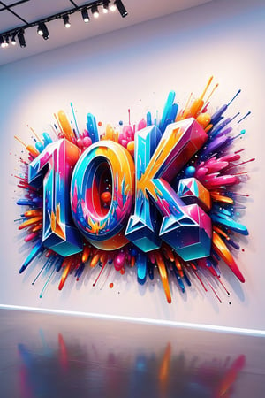 Front view of a 3D style graffiti museal artwork with the text "10K", displayed on the white wall of a futuristic museum. Bright colors, dripping colors, color fireworks, close shot. Text,crystalz