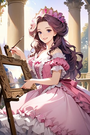 Very beautiful girl wearing a sumptuous pink and violet dress, illustration, detailed, realistic, UHD, beautiful detailed eyes, beautiful detailed, Warmly smile, she is showing a painting of hers, Versailles background. Rococo oil paint