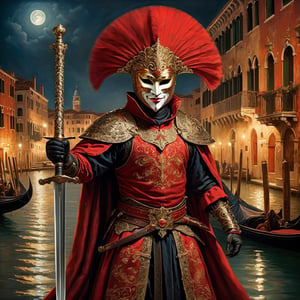 
A full body representation of a swordsman wearing a red Venetian mask, he wields a saber, dynamic pose, intricate, colorful, fine facial details, Venice city by night on background, sharp focus, aged oil painting in the style of rembrandt