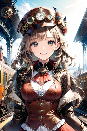 Very beautiful girl with a steampunk brown leather jacket, red waistcoat and hat, intricately detailed brass accessories. Masterpiece, illustration, extremely detailed, beautiful detailed eyes, beautiful detailed mouth, warmly smile, bright colors, railway station on background 