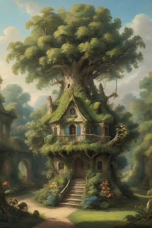 A mystical greenery garden with a treehouse in the center, masterful whimsical topiary sculptures, baroque style vases, flowers, esotic birds, (multiple fantastic spirals of branches and leaves:1.9), dreamy atmosphere, golden vibes, romantic landscape. Masterpiece, rococo style, painted by Francois Boucher and Jean-Honoré Fragonard