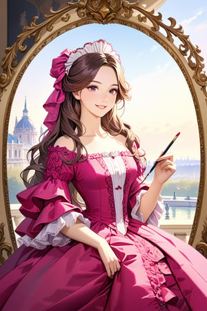 Very beautiful girl wearing a sumptuous fuchsia dress, illustration, detailed, realistic, UHD, beautiful detailed eyes, beautiful detailed, Warmly smile, she is showing a painting of hers, Versailles background. Rococo oil paint