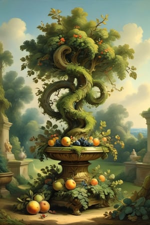 A mystical greenery garden, masterful whimsical topiary sculptures, baroque style vases, fruits, flowers, esotic birds, (multiple fantastic spirals of branches and leaves:1.9), dreamy atmosphere, golden vibes, romantic landscape. Masterpiece, rococo style, painted by Jean-Honoré Fragonard and Daniel Merriam 