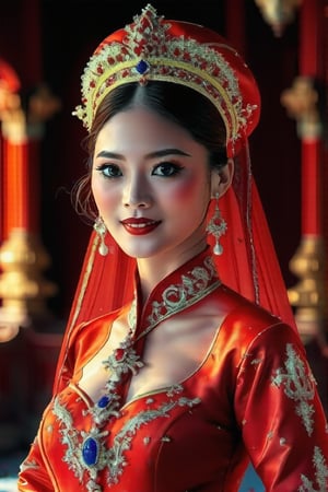 Dappled Light, portrait of a character, intricate (pencil sketch:1.5) of a vietnamese queen with the most sumptuous red wedding dress. Perfect eyes, perfect nose, perfect lips. Vietnamese royal palace background. Colorful, realistic eyes, dreamy magical atmosphere, cinematic light, side lighting, vivid color