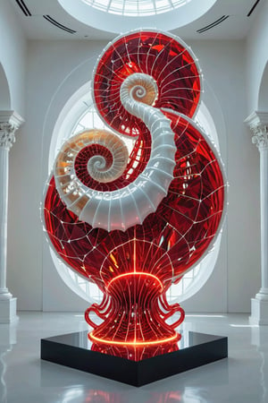 Front view of a museal sculpture displayed on a futuristic pedestal in the white room inside a futuristic museum. BREAK The artwork is an amazing and captivating glass abstract sculpture, with a sea nautilus shell, (kinetic elements:1.4), glow, spark. Red and golden theme. Abstract fractal AI generated shape, sharp details, intricate and thick golden wireframes. Highest quality, detailed and intricate, original artwork, trendy, award-winning, artint, noc-wfhlgr, art_booster. BREAK wide shot, sharp focus, bright white room