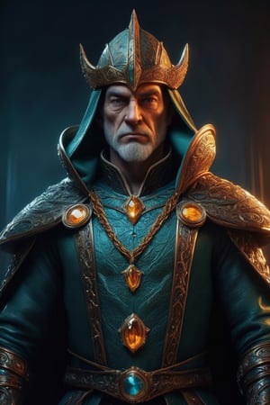 3D artwork, upper body shot of a caracter represesenting a mighty male elf. High elven hat shaped as a seashell, orange mantle, shining gold jewels and silver chains. (Majestic pose:1.4), (hieratic expression:1.6), emerging from the darkness in the style of Rembrandt. The caracter wears a teal and orange large luxury suit. The character is illuminated from the side by a dark golden light. Vibrant colors. The background is a black gothic cathedral interior dimly lit by moonlight. UHD, high resolution, 8k.