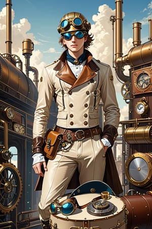Industrial steampunk mechanic boy, perfectly detailed face, steampunk beige leather double-breasted jacket, leather helmet and goggles, beige tweed fabric puffed trousers, leather laced boots, intricately detailed brass accessories. Masterpiece, illustration, extremely detailed, industrial background