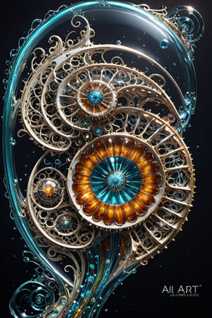 A 3D style artwork that shows (an amazing glass sea nautilus shell), (glass art:1.3), (trendwhore style:1.6), with (the big text "AI-ART":1.4), text block. Gradient background, sharp details. Dark filigree on background. Highest quality, detailed and intricate, original artwork, trendy, futuristic, award-winning. Bright colors, close shot, artint, make_3d,art_booster,crystalz,spstation
