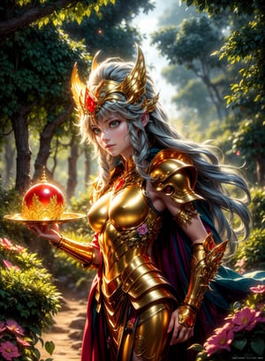 A saint seiya armored girl by Luis Royo, intricately ornated golden armor, precious red gems, (small breast), shiny gold, richly jeweled, greenery forest background, bright rainbow colored flowers