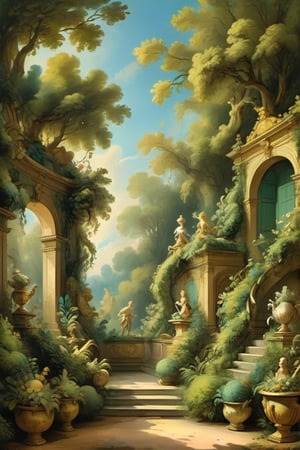A mystical greenery garden, masterful whimsical topiary sculptures, baroque style vases, multiple fantastic spirals of branches and leaves, dreamy atmosphere, golden vibes, romantic landscape. Masterpiece, rococo style, painted by Jean-Honoré Fragonard