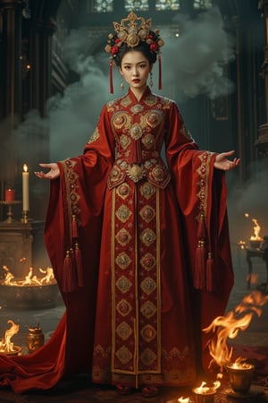 Full body shot of a character standing in majestic pose, representation of a (very tall:1.3) fantasy chinese empress with the most sumptuous wedding hanfu dress made of (red:1.4) silk and richly embroidered with gold and silver threads, (wide sleeves:1.2), intricately carved golden badges and tassels, golden line, dark gothic cathedral background, fire and flame and clouds of smoke. Art by Yoshitaka Amano, Zhong Fenghua, stunning interpretive visual, gothic regal, colorful, realistic eyes, dreamy magical atmosphere, (film grain), (warm hue, warm tone), cinematic light, side lightings, Midjourneyart