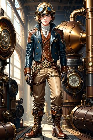 Very skilled industrial mechanic boy, with a steampunk leather double-breasted jacket, leather helmet and goggles, beige tweed puffed trousers, leather laced boots, intricately detailed brass accessories. Masterpiece, illustration, extremely detailed, industrial deep background, sharp focus