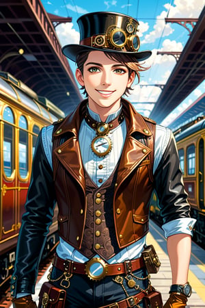 Very skilled boy, black eyes and hair, with a steampunk leather jacket, waistcoat and hat, intricately detailed brass accessories. Masterpiece, illustration, extremely detailed, warmly smile, bright colors, railway station on background 