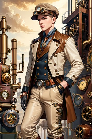 Industrial steampunk mechanic boy, perfectly detailed face, (cap:0.8), steampunk beige leather double-breasted jacket, beige tweed fabric puffed trousers, (leather laced boots:0.8), intricately detailed brass accessories. Masterpiece, illustration, extremely detailed, industrial background