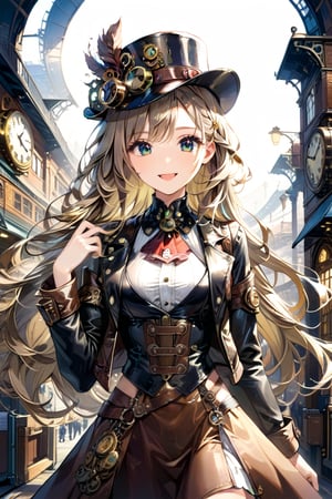 Very beautiful girl with a steampunk leather jacket, waistcoat and hat, intricately detailed brass accessories. Masterpiece, illustration, extremely detailed, beautiful detailed eyes, beautiful detailed mouth, warmly smile, bright colors, railway station on background 